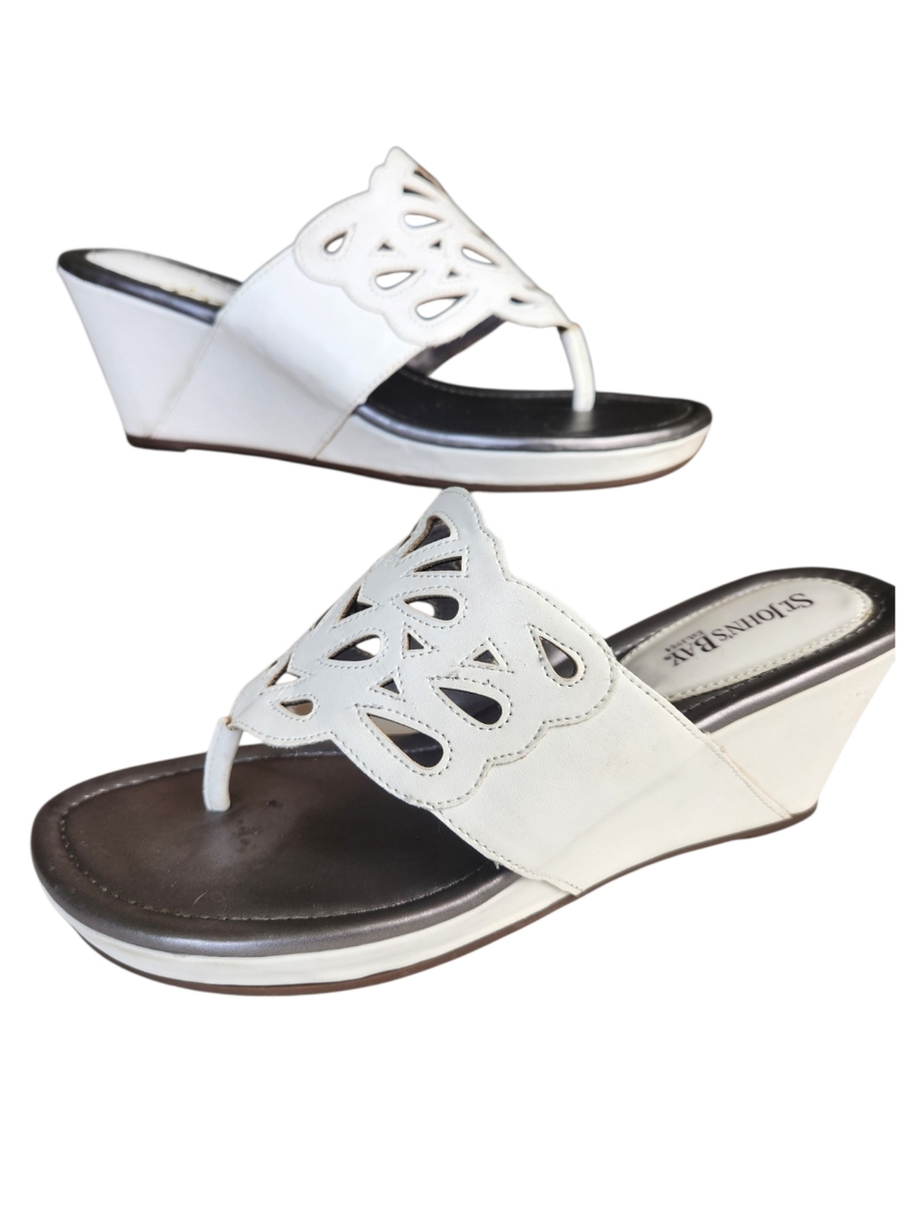 St Johns Bay Womens Faux Leather Wedge Summer Cutout White Sandals Size 8M
